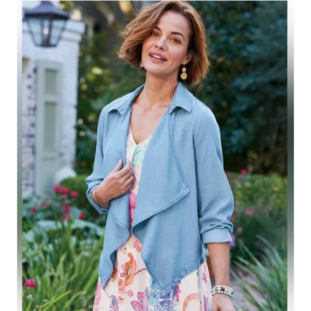 NWT Soft Surroundings Fontanne Jacket Chambray Draped Waterfall Open Front 1X